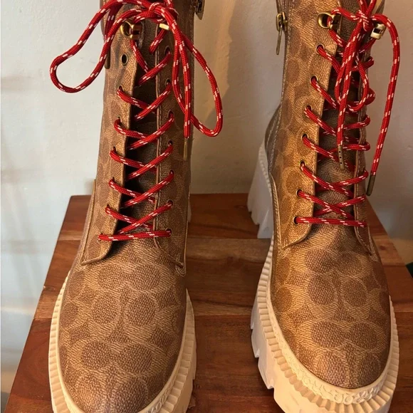 Coach Tan Patterned Boots with Red Laces - Picture 1 of 4